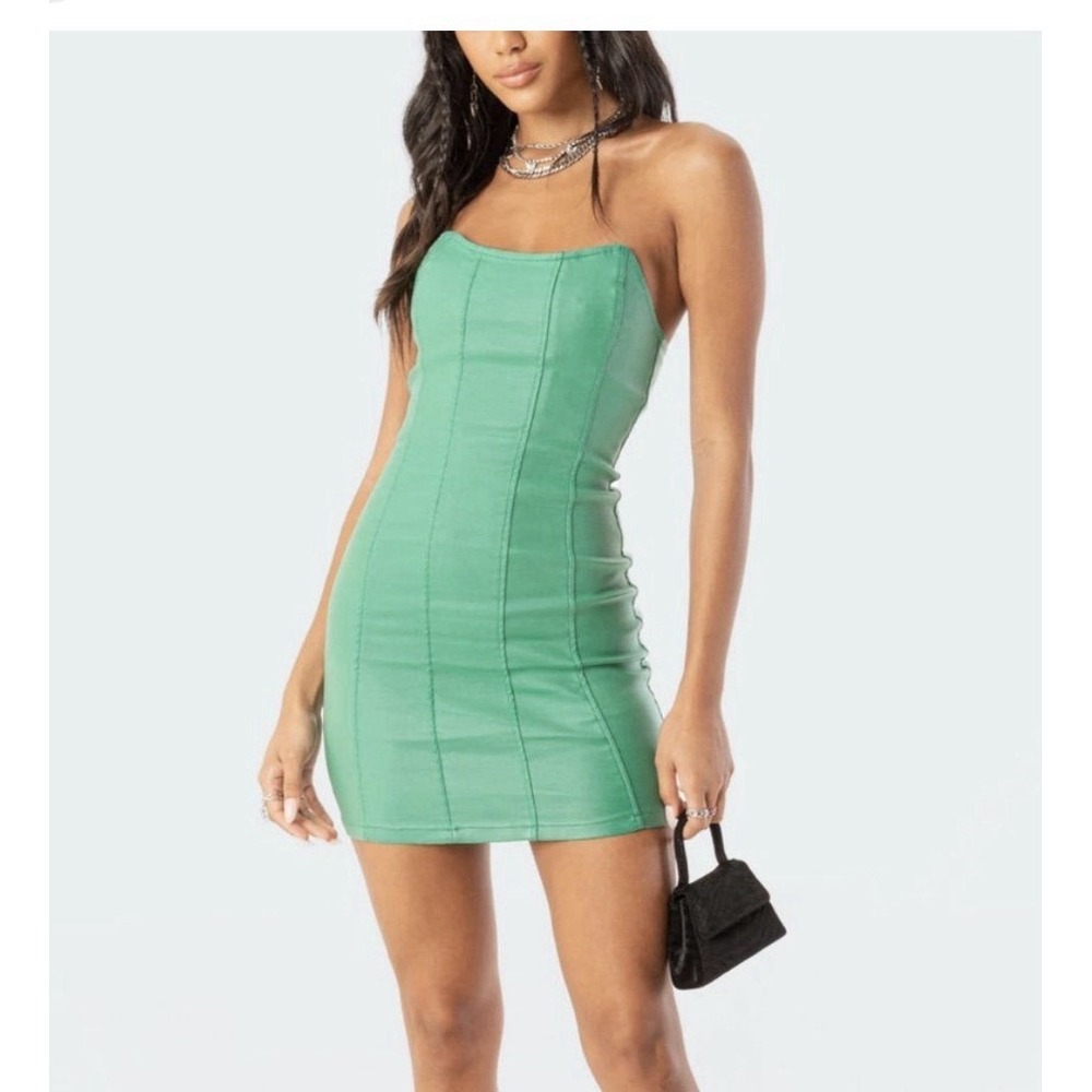 Edikted Strapless Denim Mini‎ Dress Women XS Green NEW Seam Detail Bodycon Tube